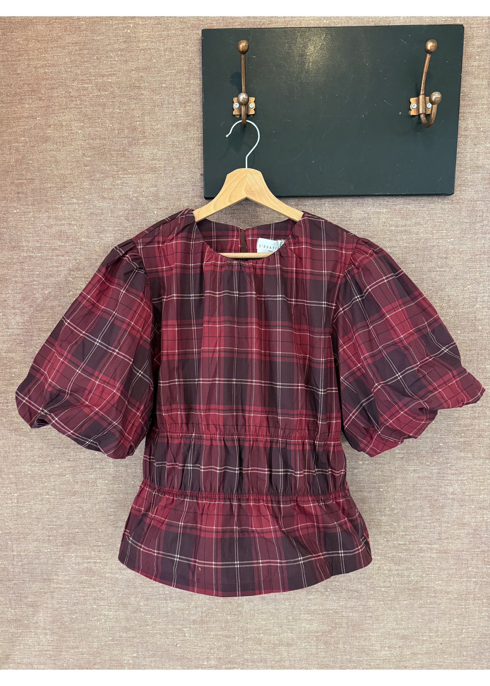 Puffy Checkered Blouse - Burgundy