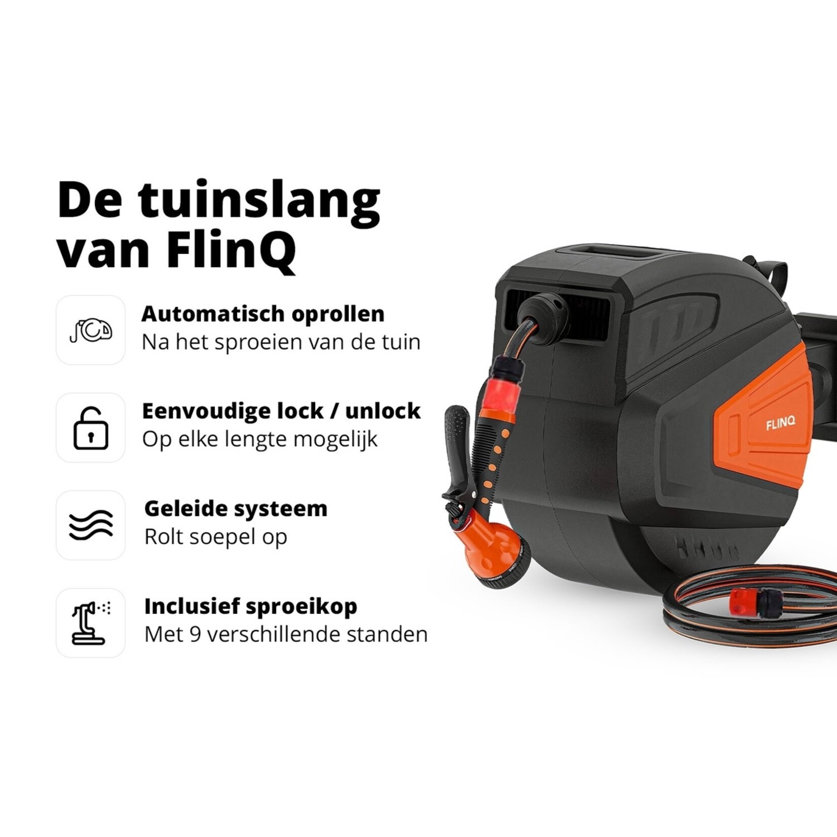 FlinQ FlinQ Retractable Tuinslanghaspel met 9 Sproeistanden - 180° Draaibaar - 30 Meter