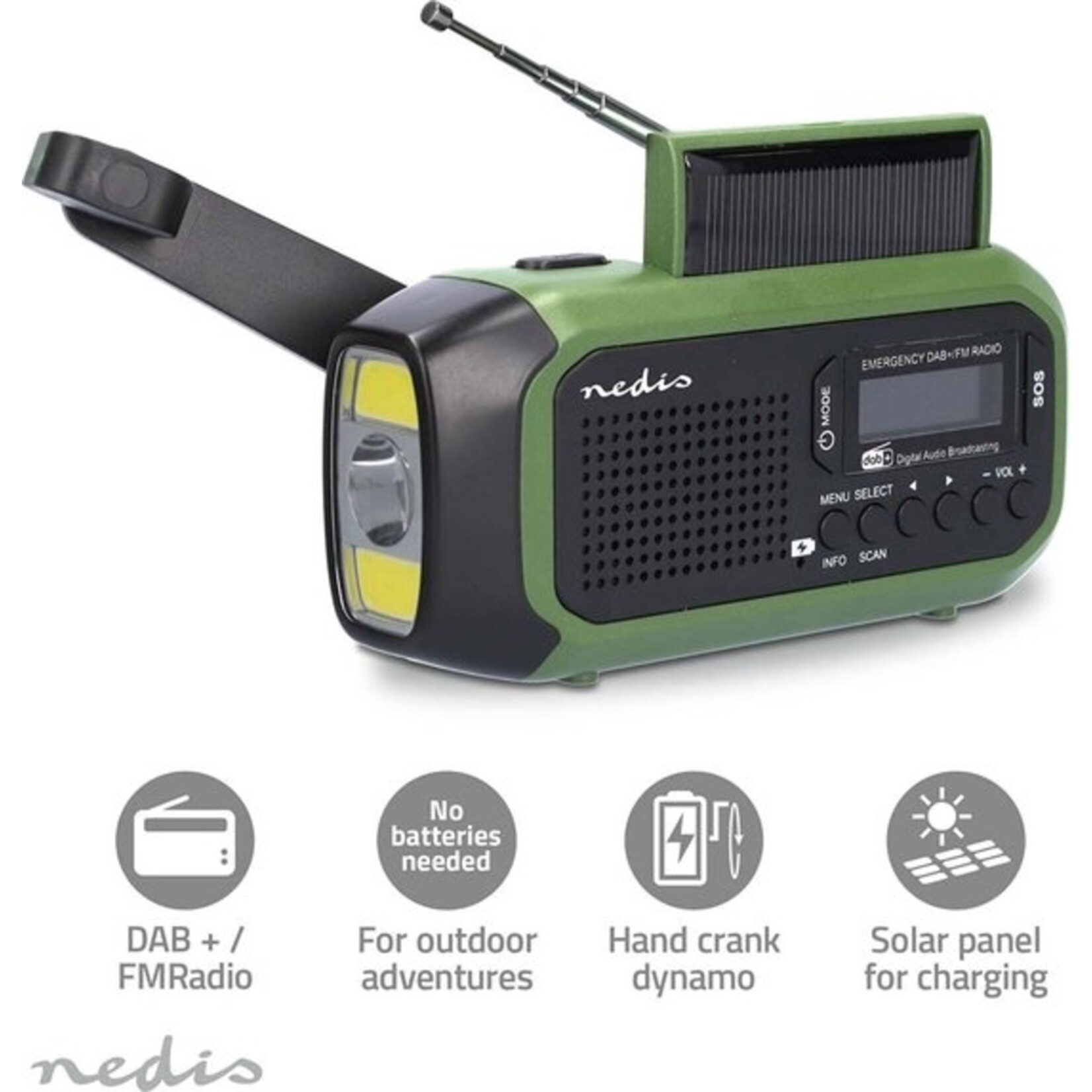 Nedis Nedis DAB+/FM Draagbare Noodradio – Zonnepaneel, USB-C en Handdynamo
