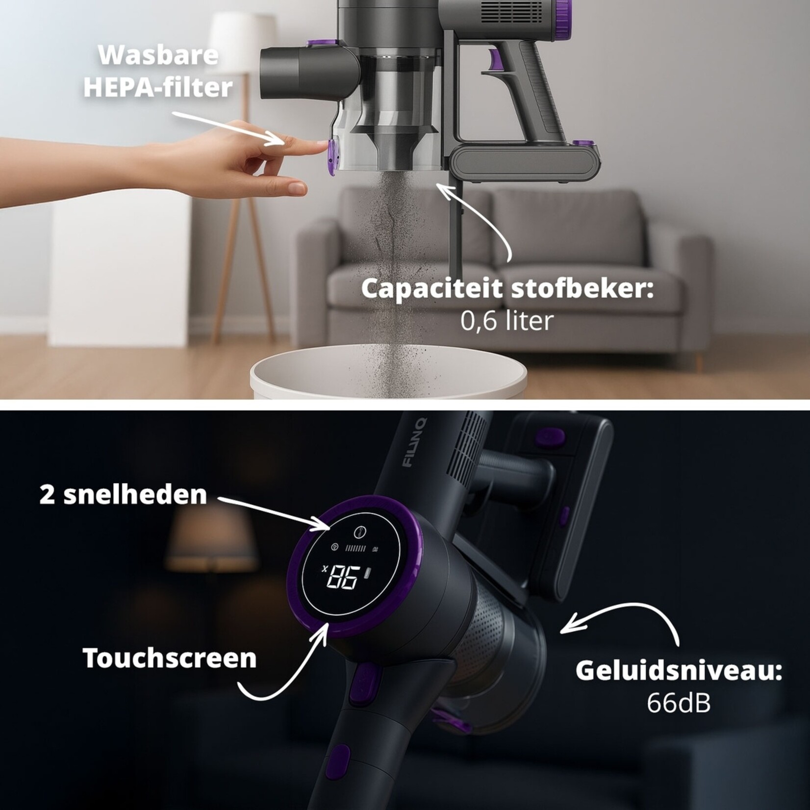 FlinQ FlinQ V8 Draadloze Steelstofzuiger en Dweil – Kruimelzuiger en Opzetstukken