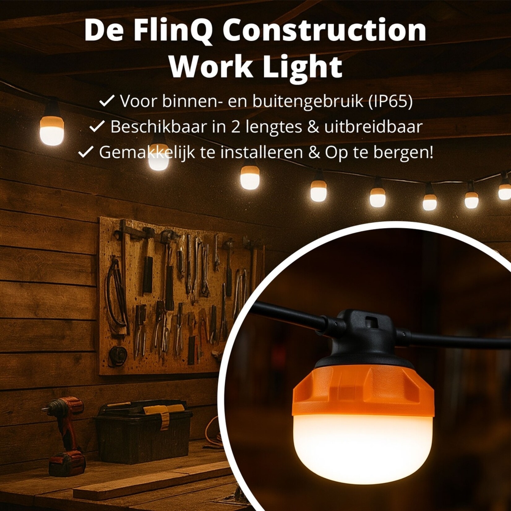 FlinQ FlinQ Construction Work Light Werklampslinger – 1100 Lumen per Lamp – 21 Meter