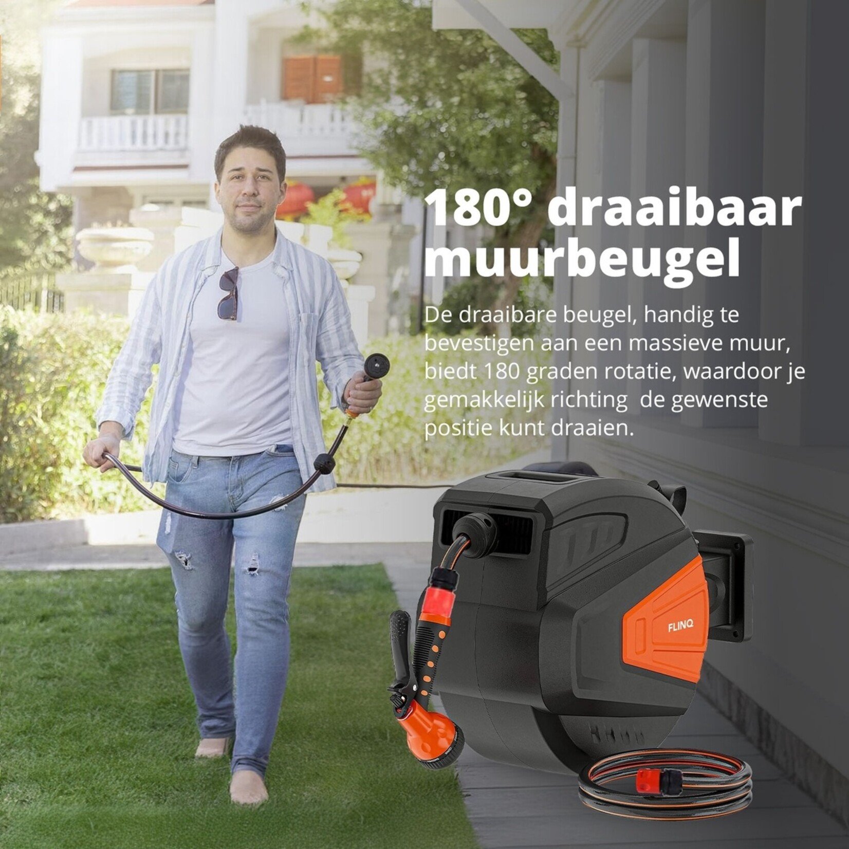 FlinQ FlinQ Retractable Tuinslanghaspel met 9 Sproeistanden - 180° Draaibaar - 30 Meter