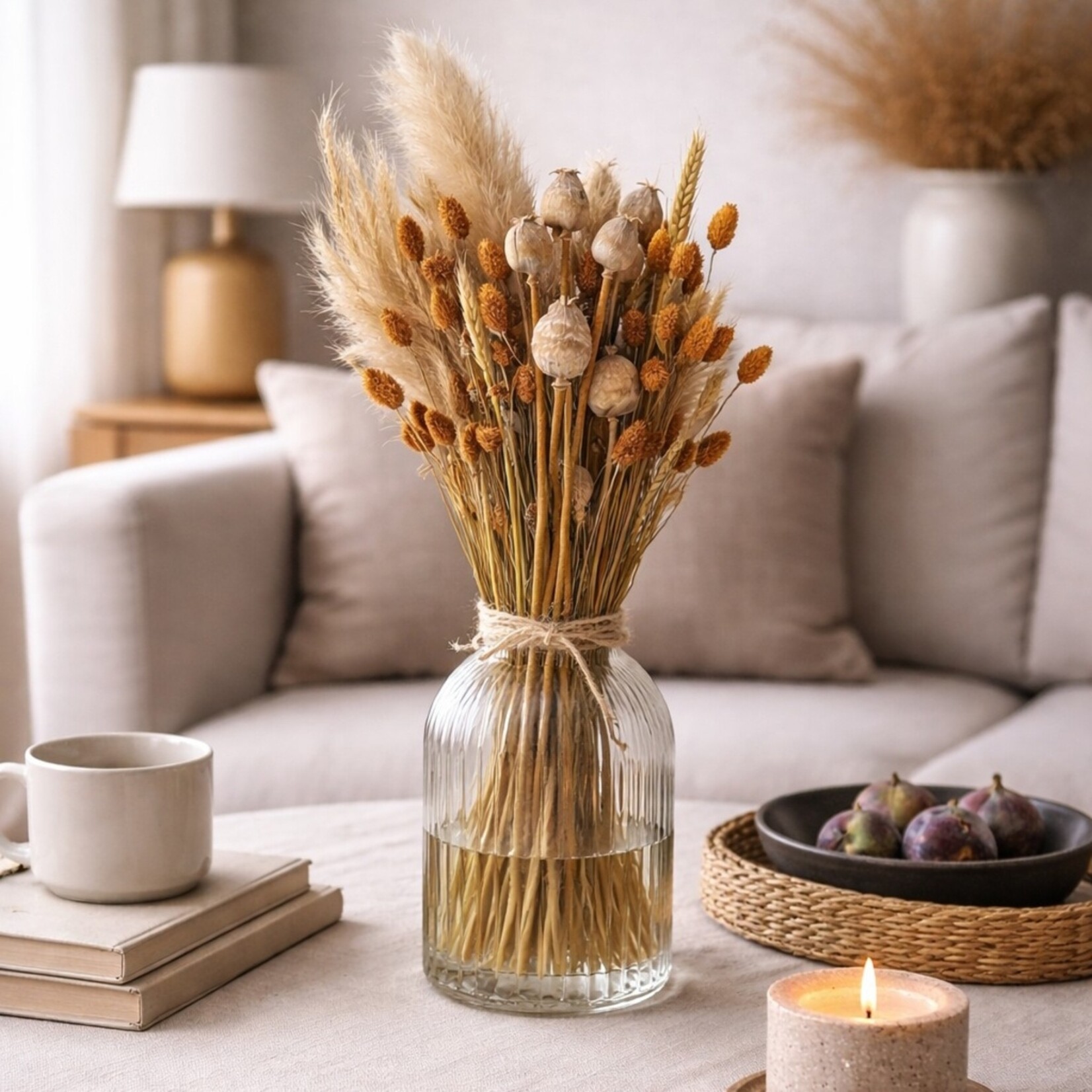 Merkloos Droogboeket met Pampasgras, Tarwe en Papavers 50-55 cm