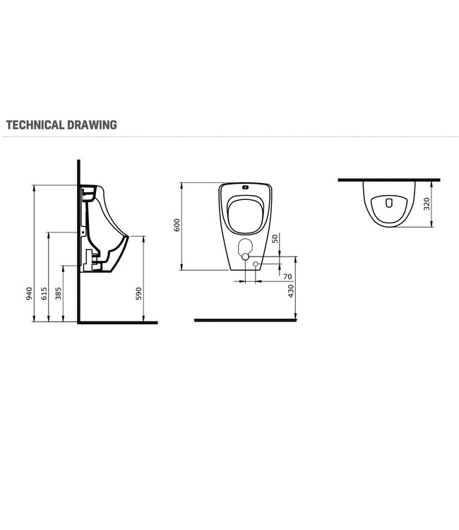 Curve urinoir met boven aansluiting - Mat Grijs