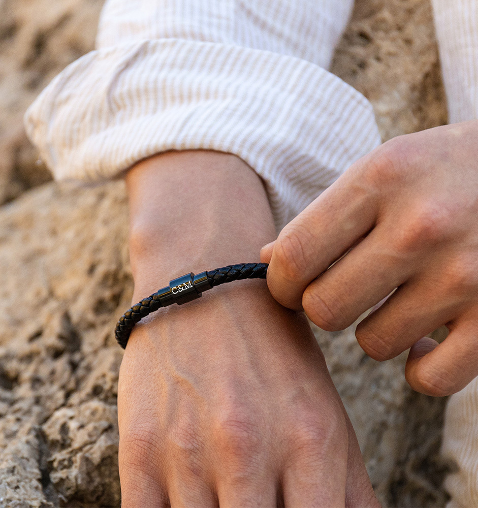 Armband Heren Leer met Initialen | Zwart