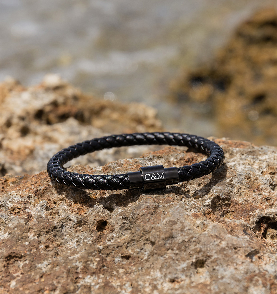 Armband Heren Leer met Initialen | Zwart