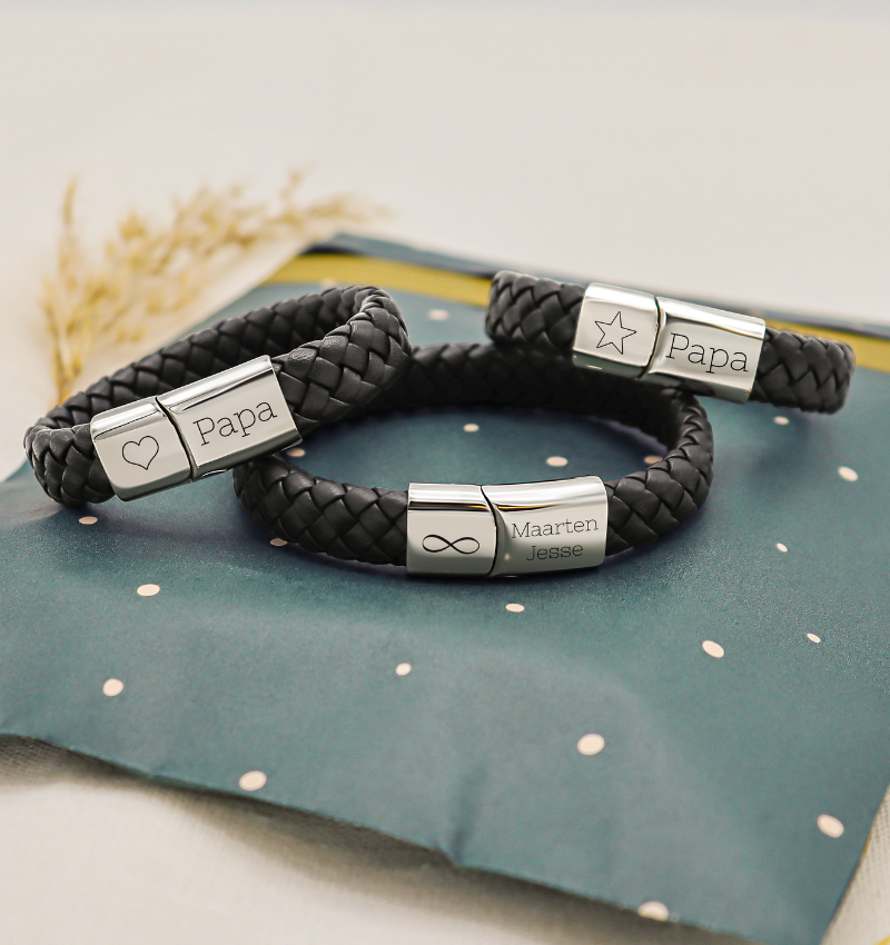 Leren Armband Heren Set | met Gravure