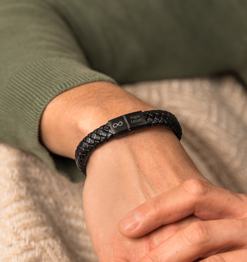 Leren Mannen Armband met Gravure | Zwart