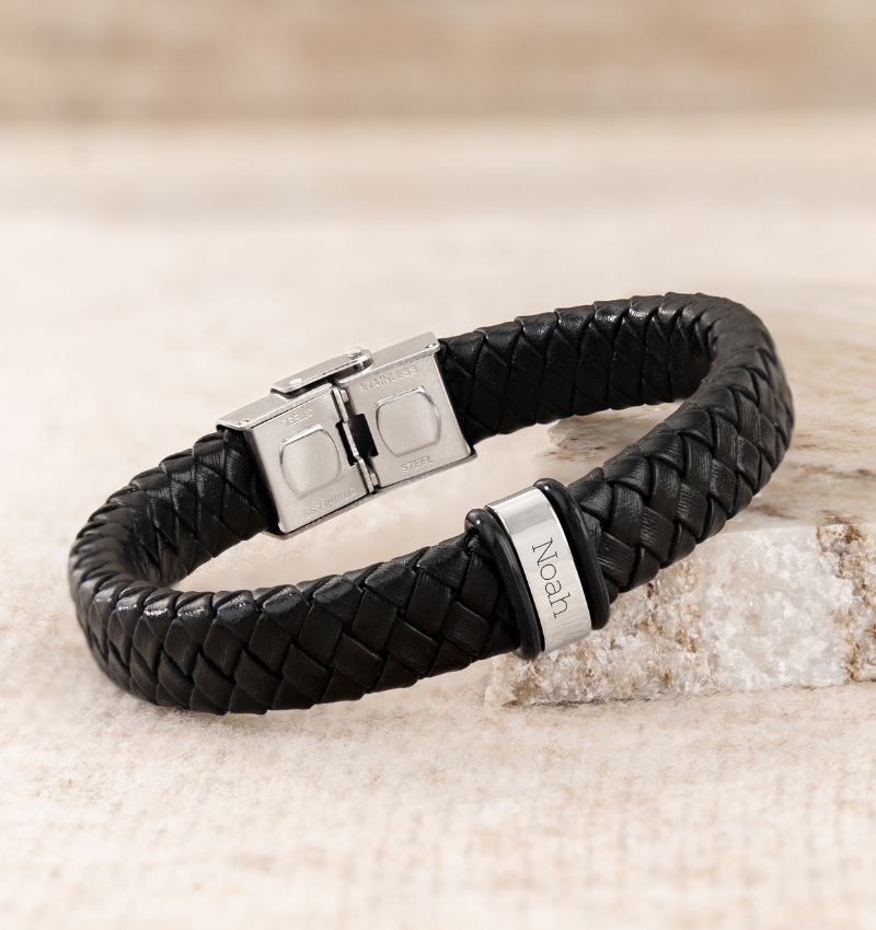Leren Armband Heren ´Rock´  | 1 naam | Zilver