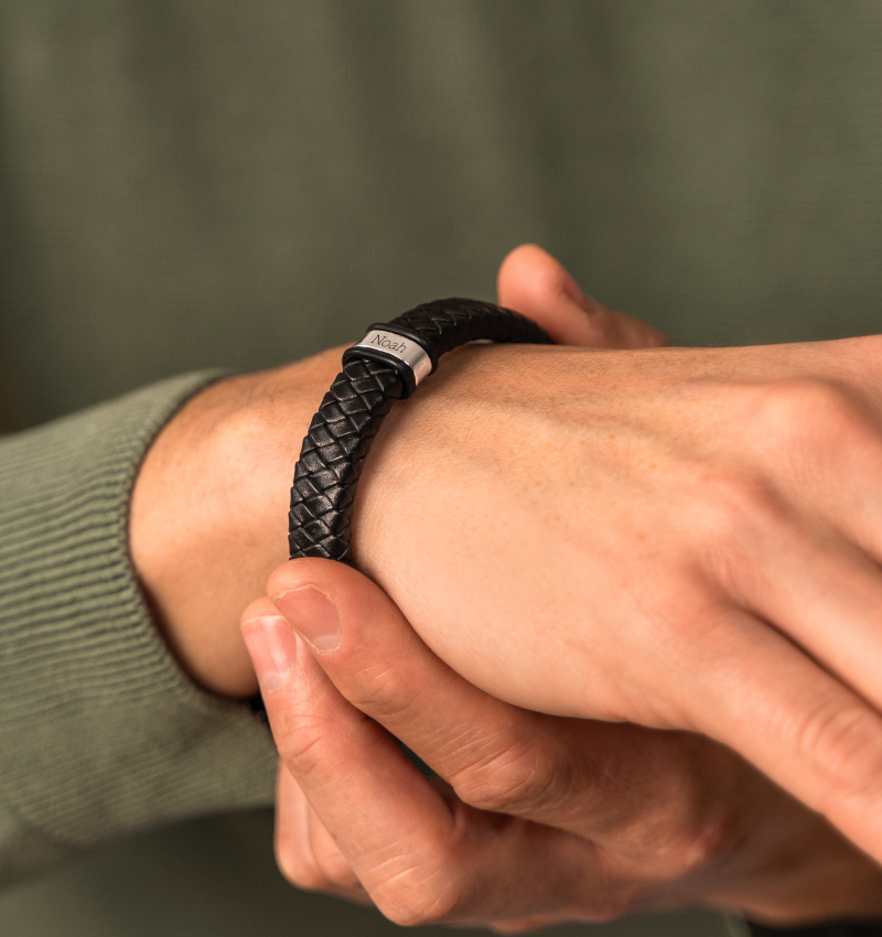 Leren Armband Heren ´Rock´  | 1 naam | Zilver