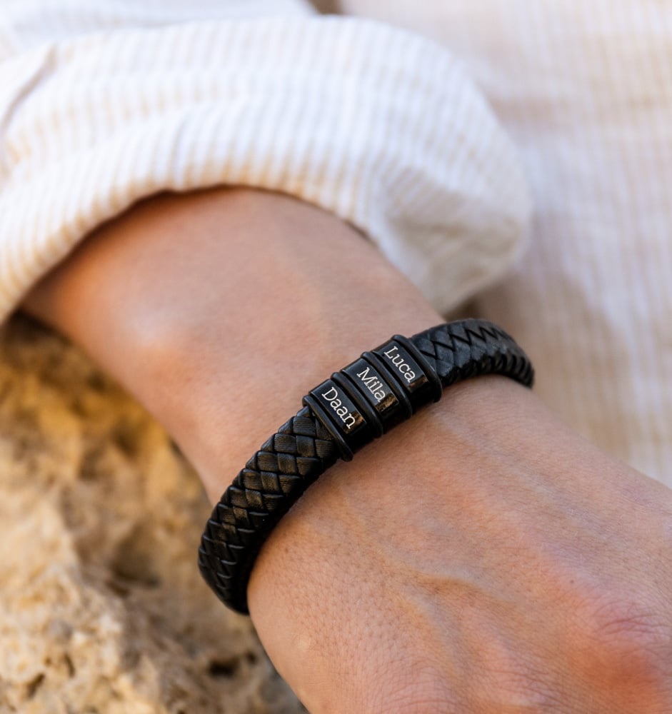 Leren Armband Heren ´Rock´ | 1 naam | Zwart