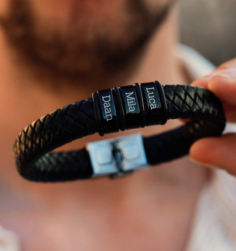 Leren Armband Heren ´Rock´ | 1 naam | Zwart