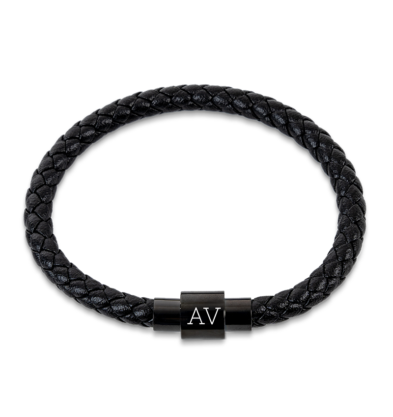 Armband Heren Leer met Initialen | Zwart