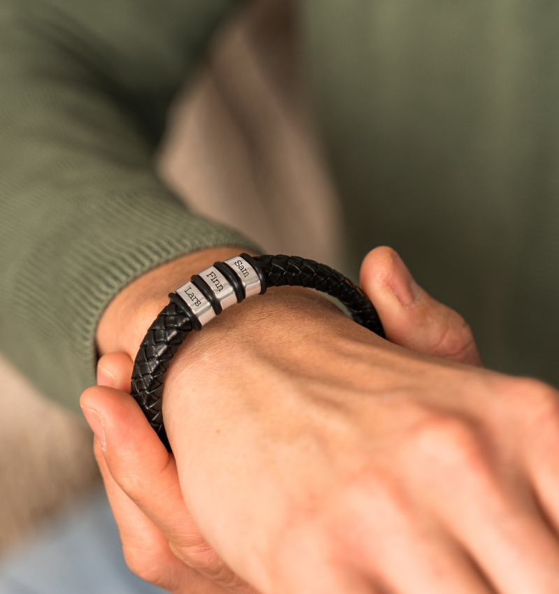 Leren Armband Heren ´Rock´  | 3 namen | Zilver