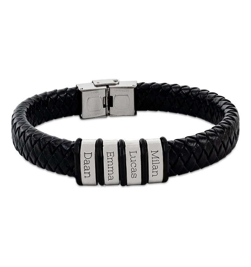 Leren Armband Heren ´Rock´ | 4 namen | Zilver