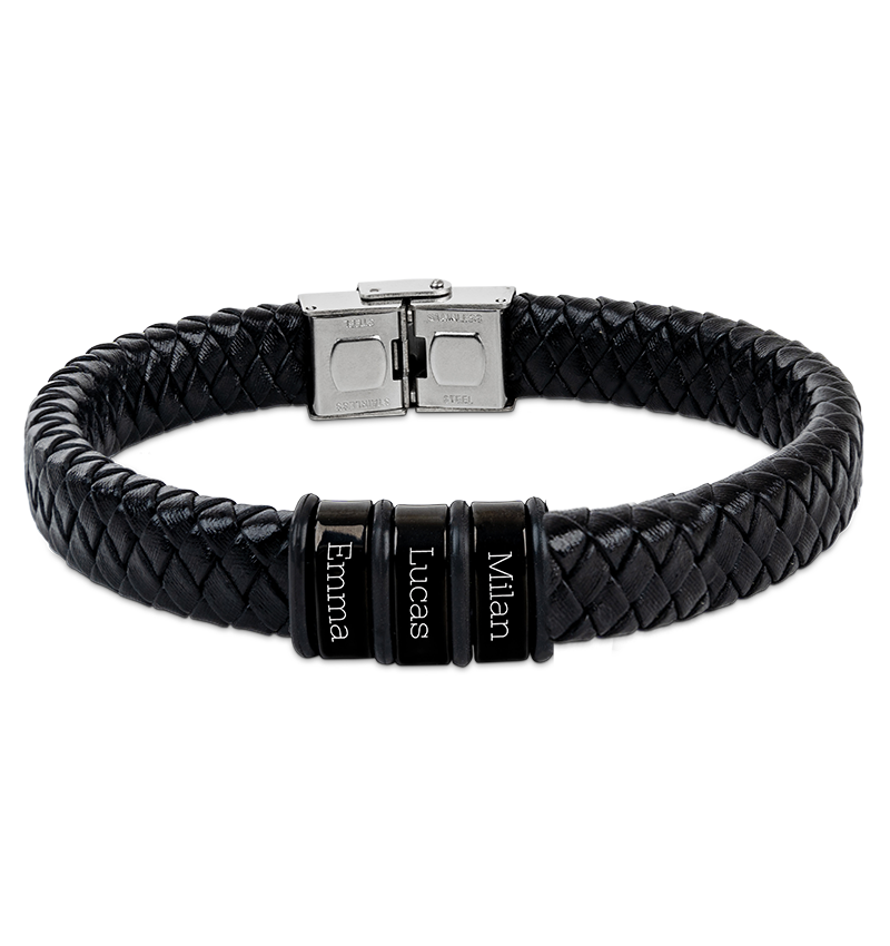 Leren Armband Heren ´Rock´ | 3 namen | Zwart