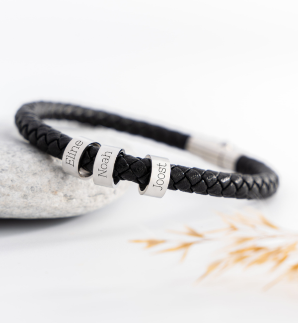 Armband Heren Leer met Naambedels | 3 namen