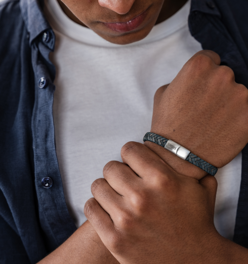 Leren Armband Heren met Gravure | Blauw