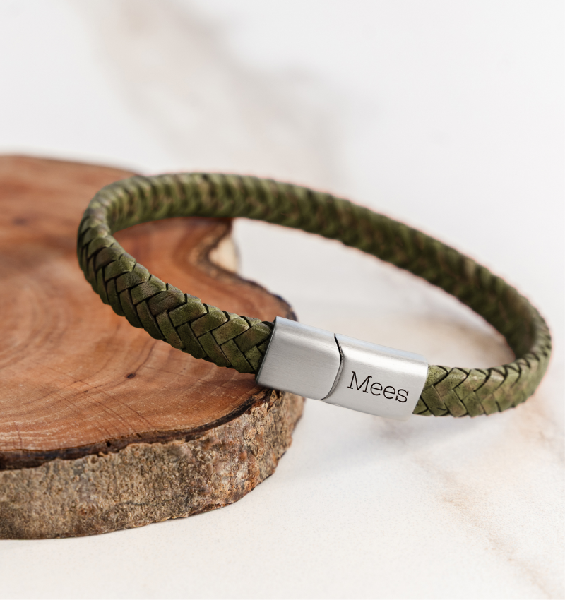 Leren Armband Heren met Gravure | Groen