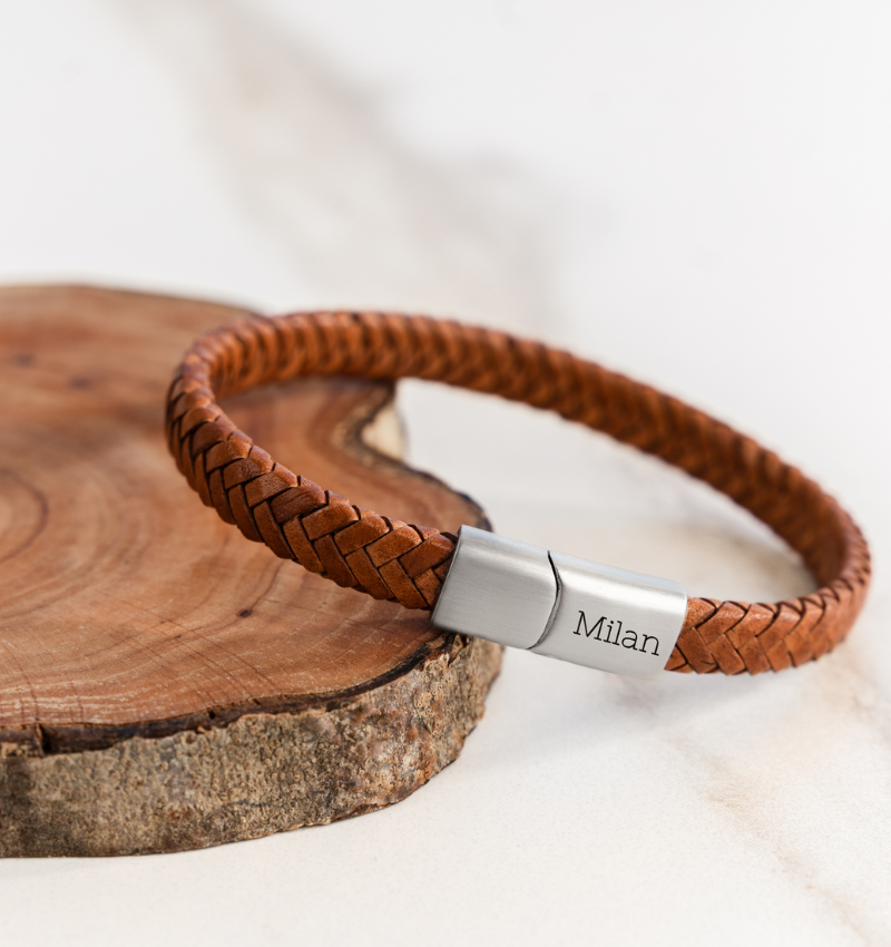 Leren Armband Heren met Gravure | Camel