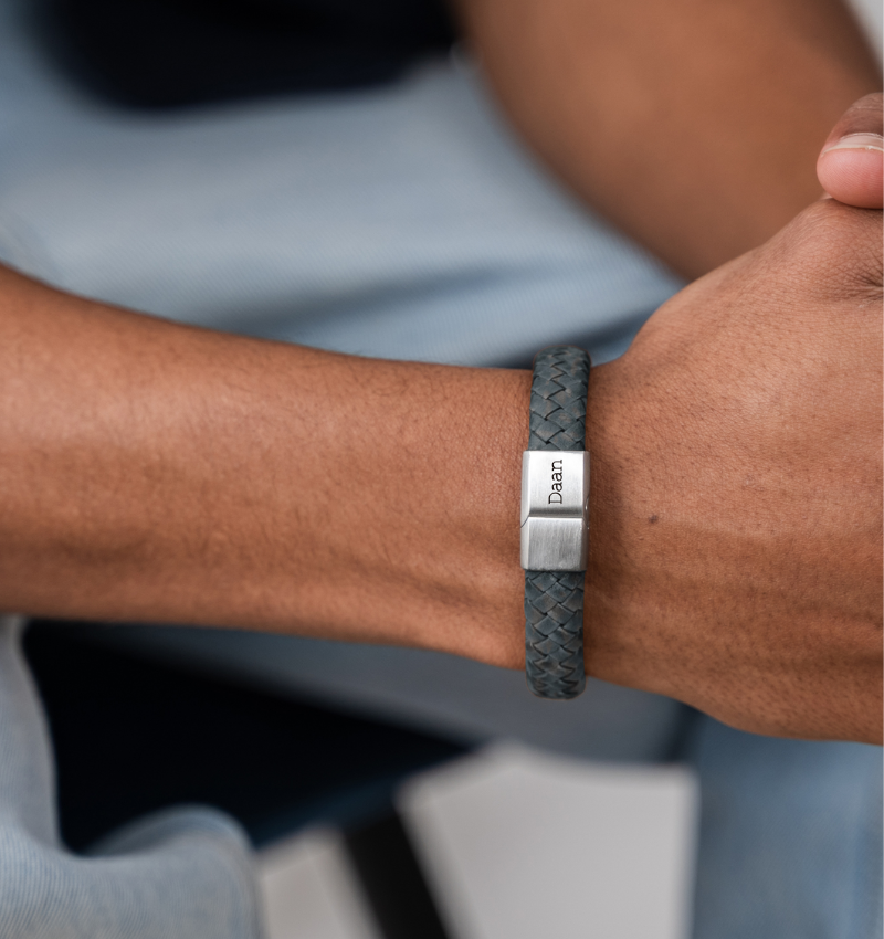 Heren Armband Leer met Gravure Edge | Blauw