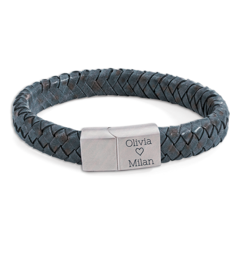 Heren Armband Leer met Gravure Edge | Blauw