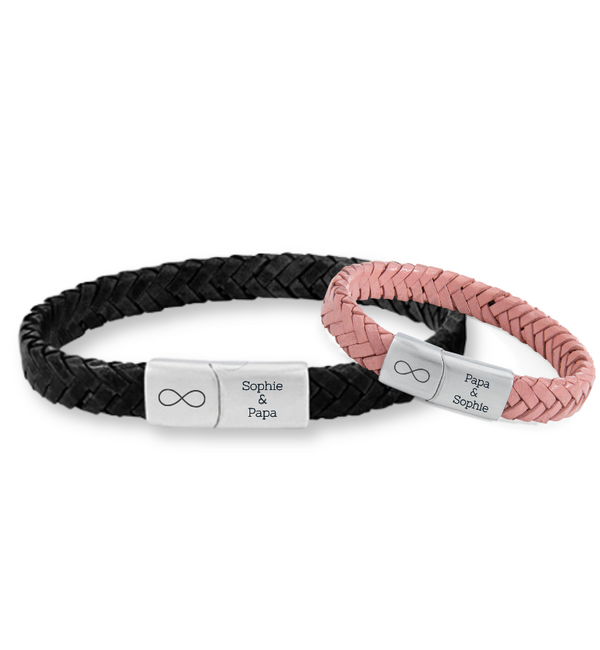 Vader & Dochter Leren Armbanden Set met Gravure | Zwart & Roze