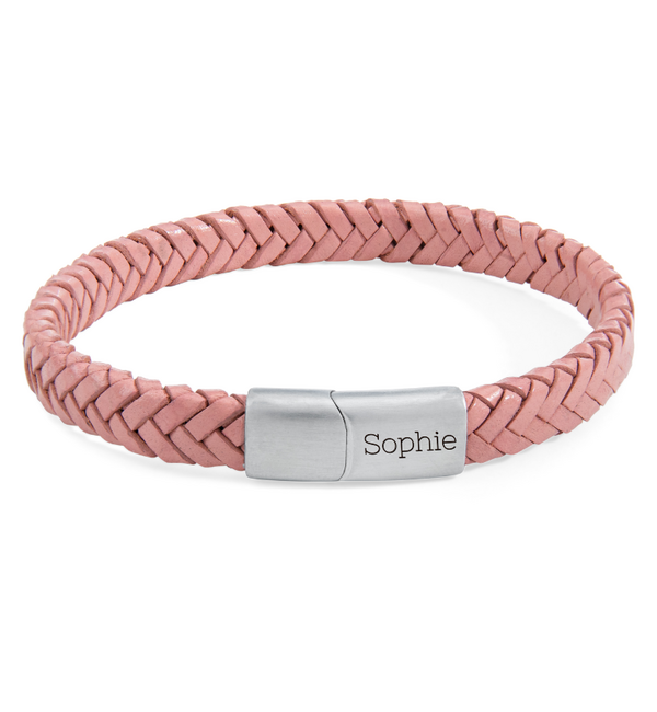 Vader & Dochter Leren Armbanden Set met Gravure  | Zwart & Roze