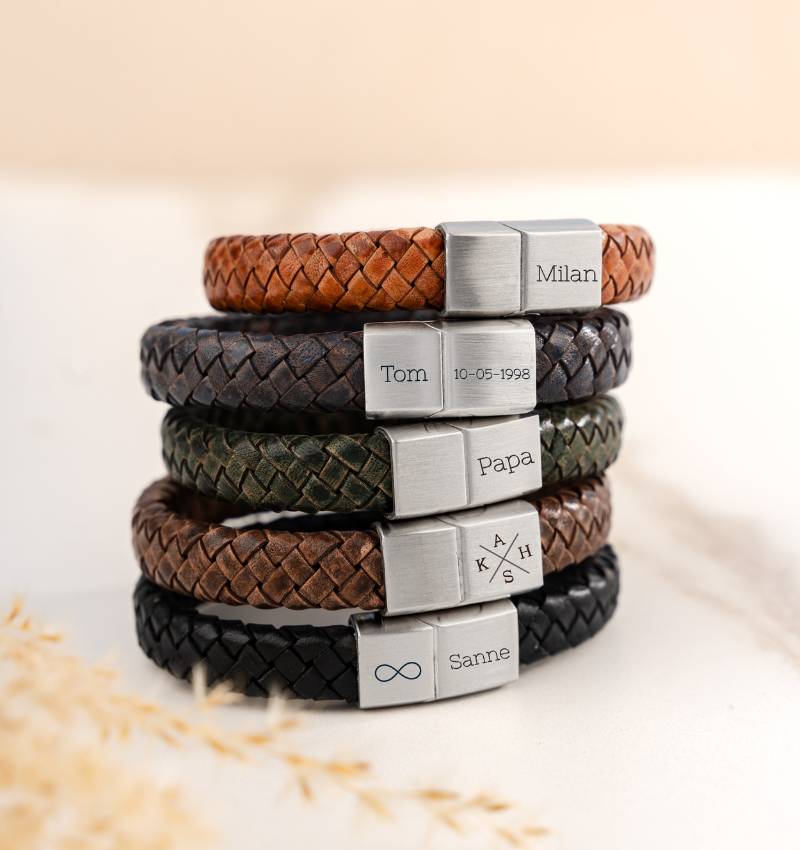 Vader & Zoon Leren Armbanden Edge met Gravure | Zwart