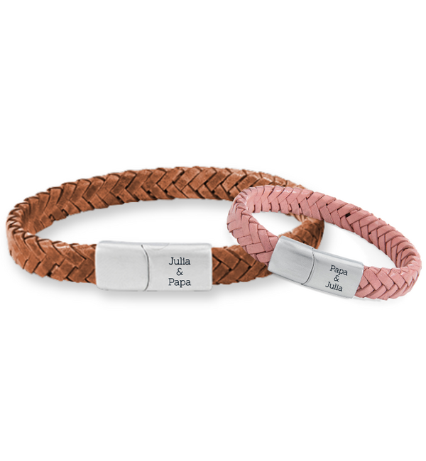 Vader & Dochter Armbanden Set Leer met Gravure  | Camel & Roze