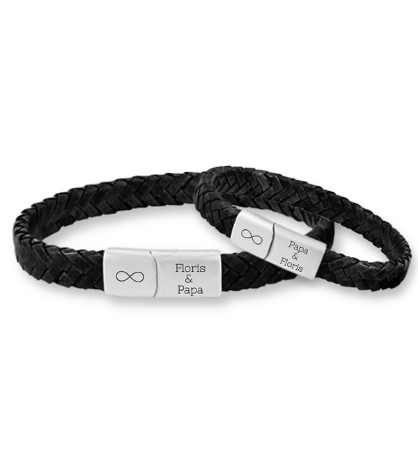 Vader & Zoon Armbanden met Gravure Gevlochten Leer  | Zwart