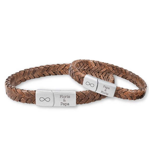 Vader & Zoon Armbanden met Gravure Gevlochten Leer | Bruin