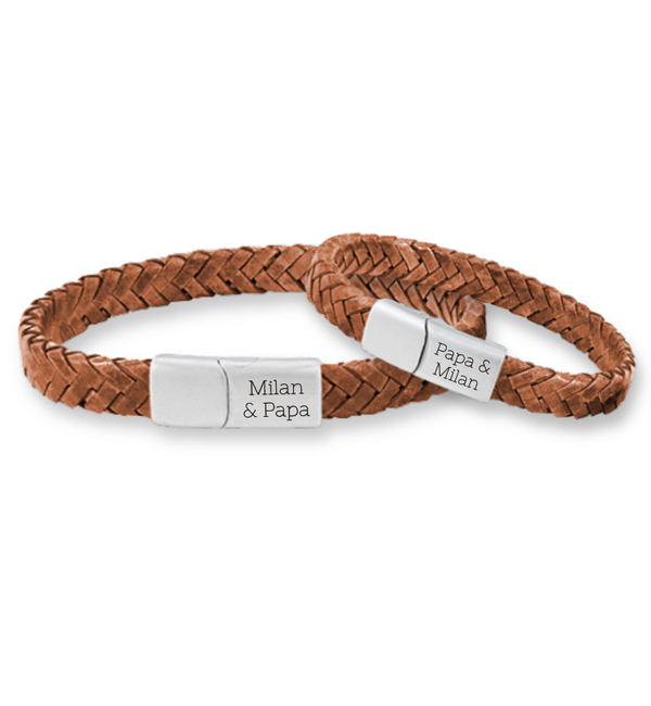 Vader & Zoon Armbanden met Gravure Gevlochten Leer | Camel