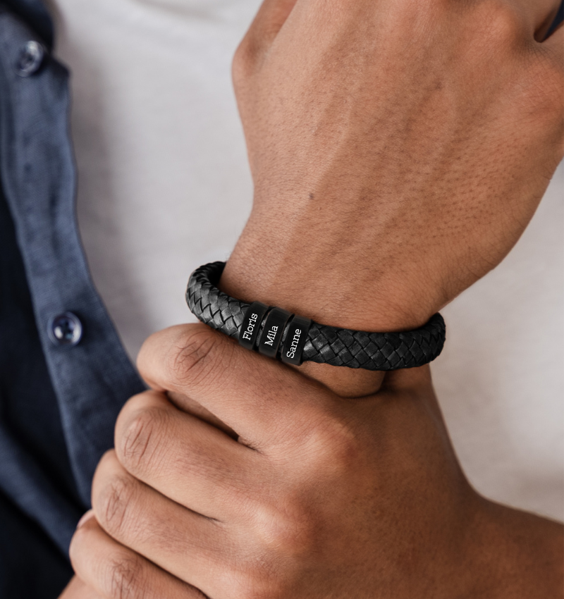 Leren Armband Heren ´Rock´ | 4 namen | Zwart