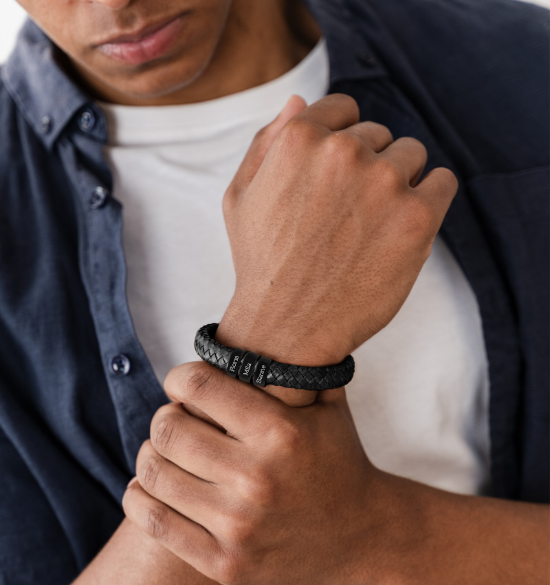 Leren Armband Heren ´Rock´ | 3 namen | Zwart