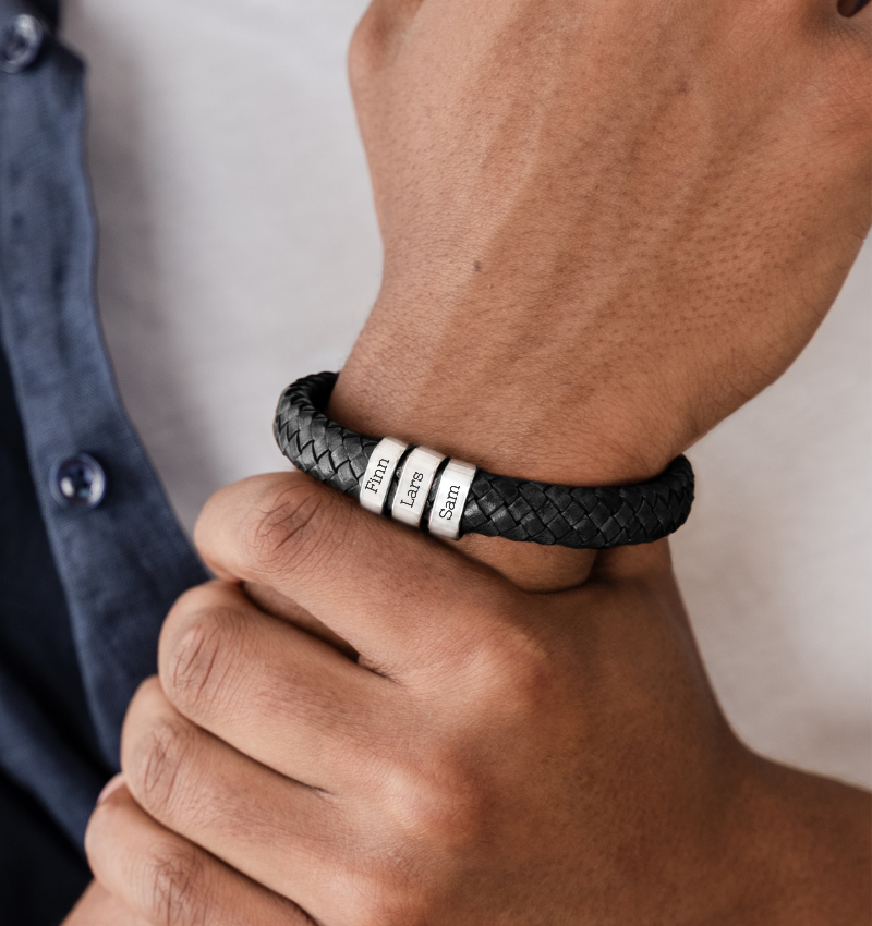 Leren Armband Heren ´Rock´  | 3 namen | Zilver