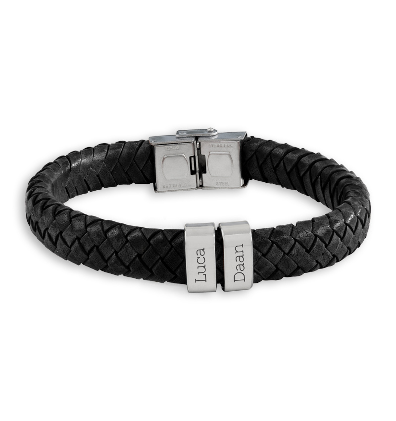 Leren Armband Heren ´Rock´ | 2 namen | Zilver