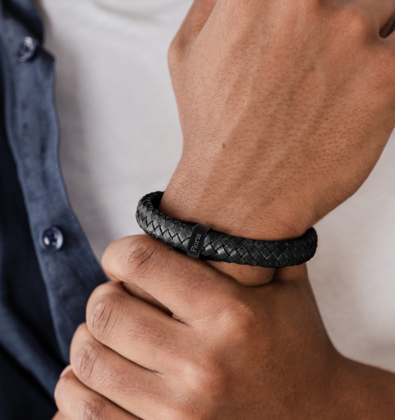 Leren Armband Heren ´Rock´ | 1 naam | Zwart