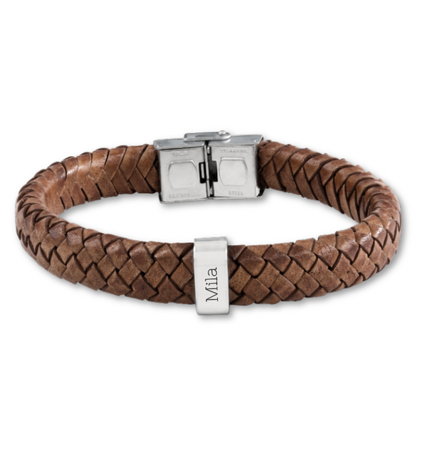 Bruine Leren Armband Heren ´Rock´ | 1 naam | Zilver
