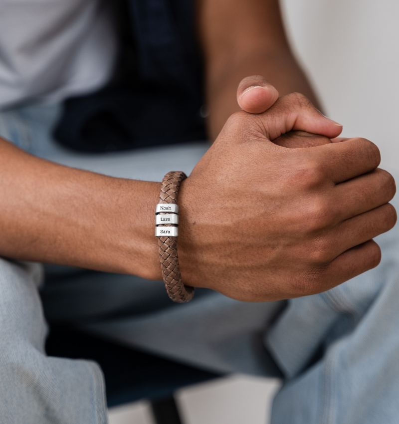 Bruine Leren Armband Heren ´Rock´ | 1 naam | Zilver