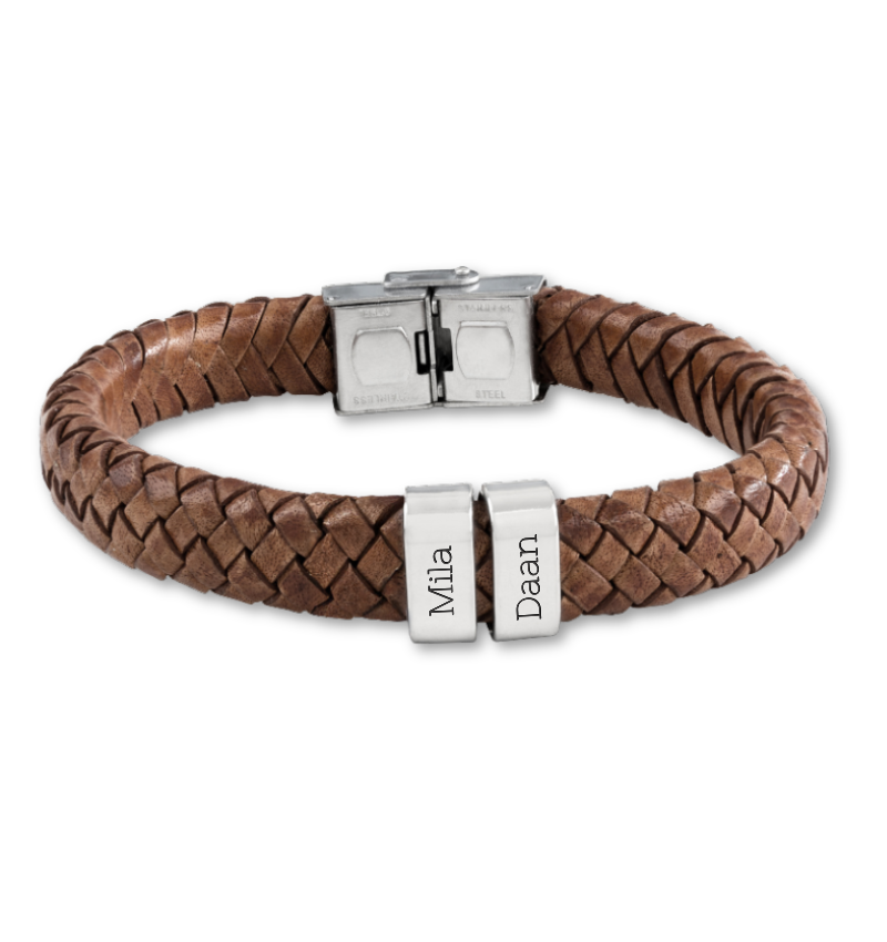 Bruine Leren Armband Heren ´Rock´  | 2 namen | Zilver