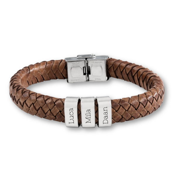 Bruine Leren Armband Heren ´Rock´  | 3 namen | Zilver