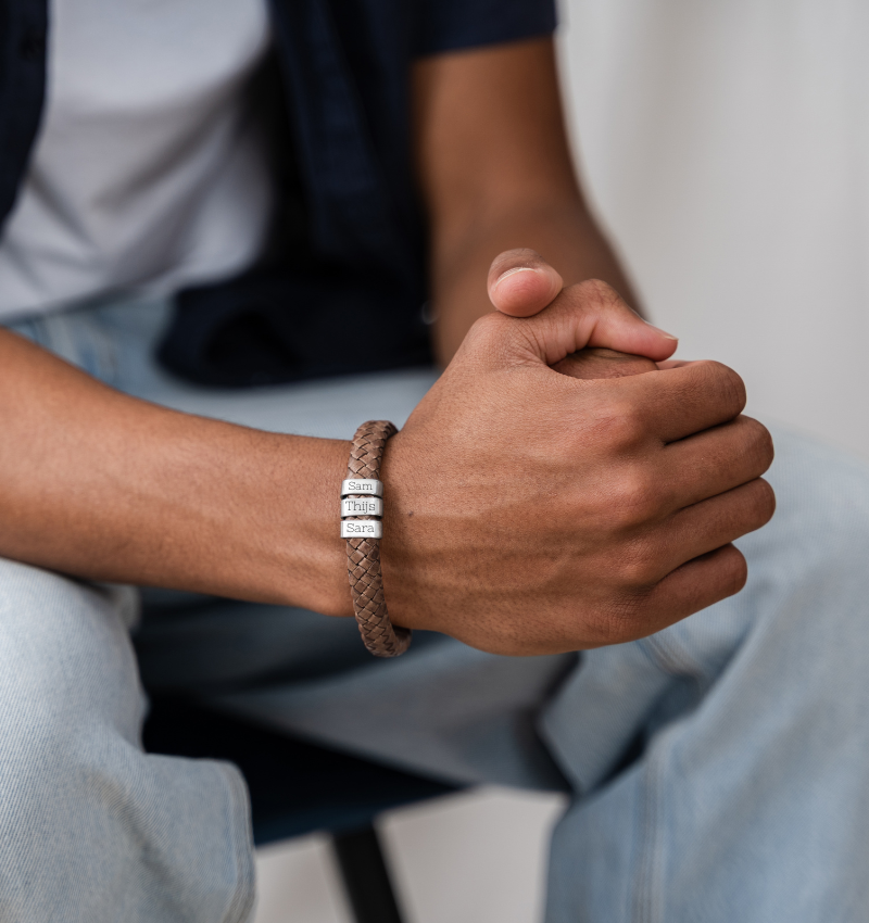 Bruine Leren Armband Heren ´Rock´  | 3 namen | Zilver