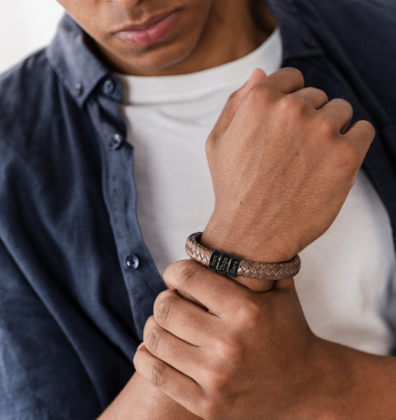 Bruine Leren Armband Heren ´Rock´  | 3 namen | Zwart