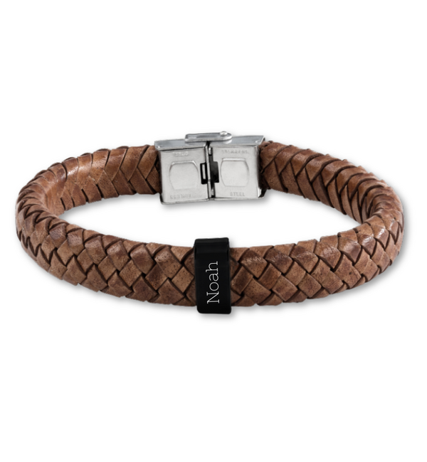 Bruine Leren Armband Heren ´Rock´ | 1 naam | Zwart