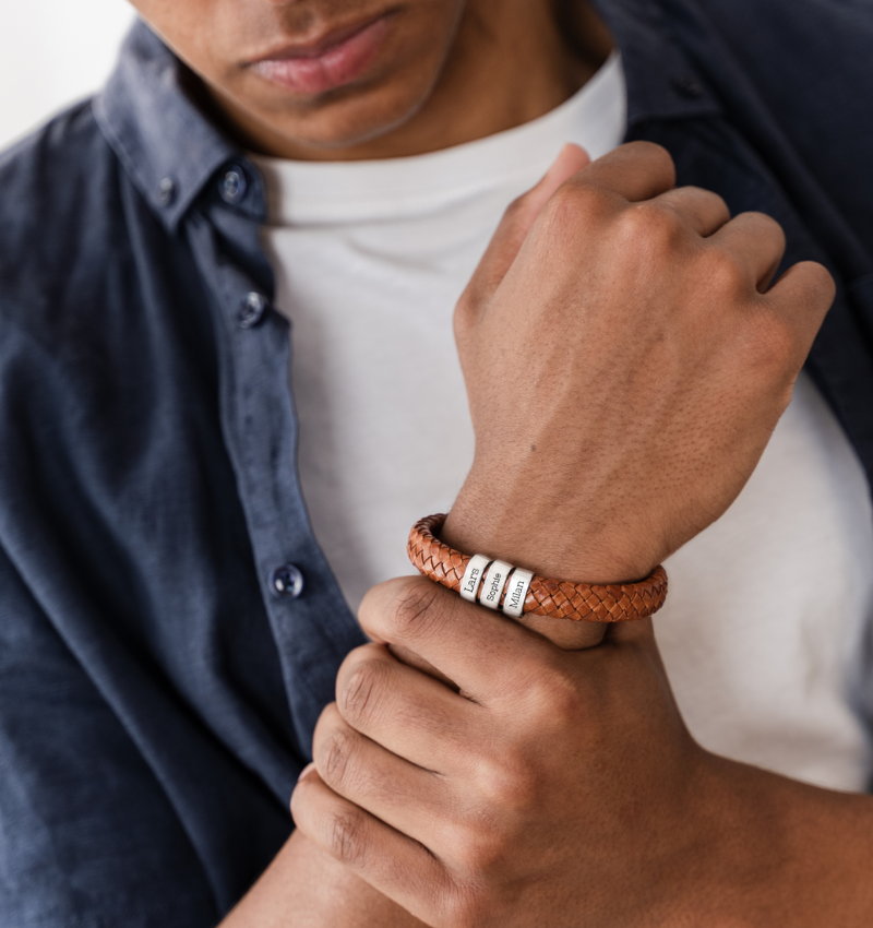 Leren Armband Heren ´Rock´  Camel | 3 namen | Zilver