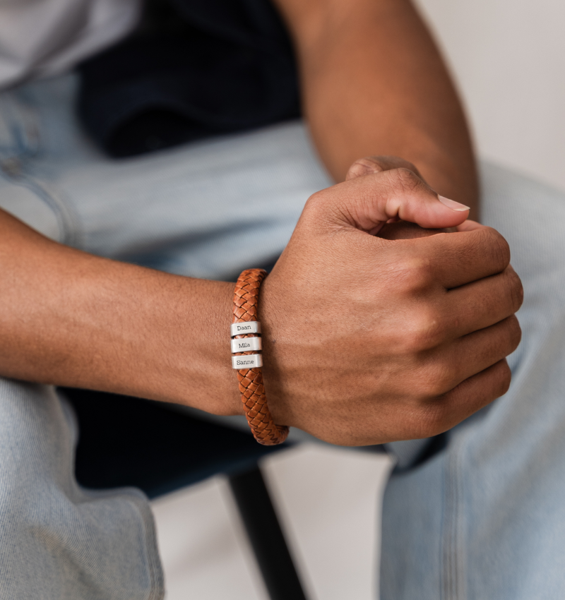 Leren Armband Heren ´Rock´  Camel | 3 namen | Zilver