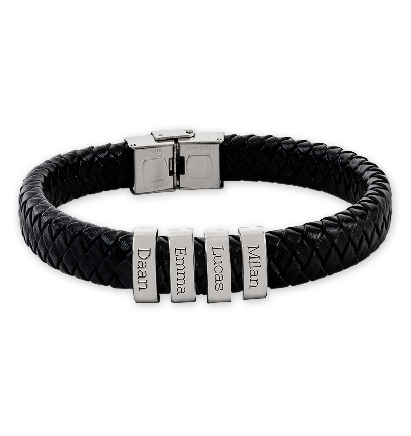 Leren Armband Heren ´Rock´ | 4 namen | Zilver