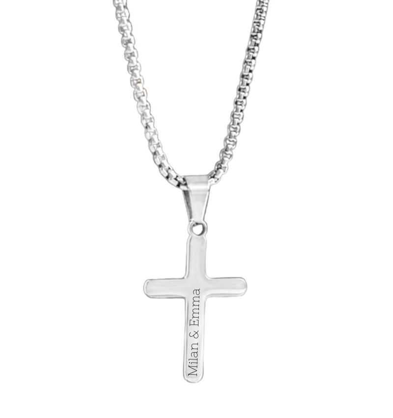 KAYA sieraden Stalen herenketting Kruis met Gravure  | Zilver