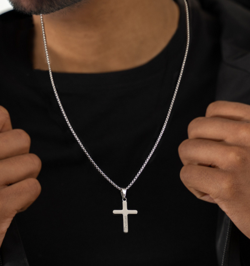 Stalen herenketting Kruis met Gravure  | Zilver